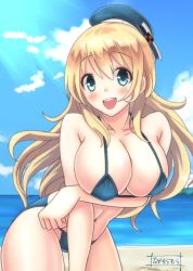 Rule 34 | 10s, :d, alternate costume, atago (kancolle), bad id, bad pixiv id, bare arms, bare legs, bare shoulders, beach, bikini, blonde hair, blue bikini, blue eyes, breast hold, breasts, collarbone, day, gradient background, hair between eyes, kantai collection, large breasts, long hair, micro bikini, midriff, muramura, navel, ocean, open mouth, outdoors, revealing clothes, sideboob, smile, solo, stomach, swimsuit
