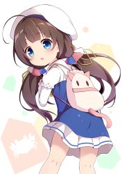 Rule 34 | 10s, 1girl, :o, ahoge, animal bag, baku-p, beret, blue dress, blue eyes, blush, brown hair, cat bag, commentary request, dress, from behind, hair ribbon, hat, highres, hinatsuru ai, layered sleeves, leaning forward, long hair, long sleeves, looking at viewer, looking back, low twintails, parted lips, puffy short sleeves, puffy sleeves, ribbon, ryuuou no oshigoto!, school uniform, short over long sleeves, short sleeves, solo, twintails, very long hair, white background, white hat, yellow ribbon