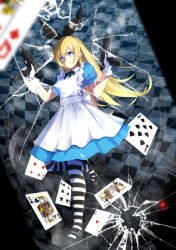 Rule 34 | 1girl, alice (alice in wonderland), alice in wonderland, blonde hair, blue eyes, bullet hole, card, dual wielding, fourth wall, glass, gloves, gun, hairband, holding, leg up, long hair, looking at viewer, mac-10/11, mary janes, masamuuu, pantyhose, playing card, shoes, solo, standing, standing on one leg, striped clothes, striped pantyhose, submachine gun, weapon, white gloves