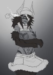 Rule 34 | 1girl, absurdres, animal hands, bare shoulders, bell, belt, breast hold, breast tattoo, breasts, breasts out, claws, cowboy shot, crossed arms, eyepatch, facial tattoo, flaming eye, fur, fur trim, fusion, gradient background, greyscale, hat, hellhound (monster girl encyclopedia), highleg, highleg panties, highres, holly, horns, large breasts, less, long hair, looking at viewer, lowleg, lowleg skirt, monochrome, monster girl, monster girl encyclopedia, monster girl encyclopedia ii, navel, nipples, one eye covered, panties, panty straps, pom pom (clothes), pubic tattoo, santa hat, sharp teeth, simple background, skirt, solo, spiked hair, tattoo, teeth, underwear, ushi-oni (monster girl encyclopedia)