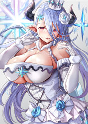 Rule 34 | 1girl, bare shoulders, blue hair, blush, breasts, cleavage, draph, flower, gloves, granblue fantasy, hair between eyes, hair flower, hair ornament, hat, highres, himuro shunsuke, horns, izmir, large breasts, long hair, looking at viewer, mole, mole under mouth, open mouth, pointy ears, red eyes, seductive smile, smile, solo, underboob, very long hair, white gloves