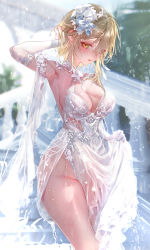 Rule 34 | 1girl, absurdres, arm up, armpits, blonde hair, blush, breasts, cleavage, commentary request, dress, elbow gloves, flower, genshin impact, gloves, hair flower, hair ornament, highres, large breasts, looking at viewer, lumine (genshin impact), medium hair, parted lips, pottsness, smile, solo, thighs, wedding dress, wet, white dress, white gloves, yellow eyes