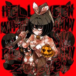 ayame_hashinimasen black_hair blood blood_on_clothes blood_on_face halloween holding_another&#039;s_leg leotard looking_at_viewer multiple_girls original playboy_bunny pumpkin red_eyes scar sharp_teeth short_hair sweatdrop teeth text_background thighs zombie