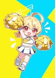 Rule 34 | 1girl, absurdres, ahoge, blonde hair, blue archive, blush, breasts, cheering, cheerleader, cleavage, detached collar, full body, gloves, hair between eyes, halo, halterneck, highres, holding, holding pom poms, jorang (jorang08), kotori (blue archive), kotori (cheer squad) (blue archive), large breasts, long hair, looking at viewer, millennium cheerleader outfit (blue archive), navel, official alternate costume, open mouth, pleated skirt, pom pom (cheerleading), pom poms, red eyes, shoes, short twintails, skirt, smile, socks, solo, twintails, white footwear, white gloves, white skirt, white socks