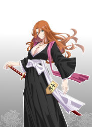 Rule 34 | 1girl, absurdres, aill09, aqua eyes, black kimono, bleach, breasts, center opening, cleavage, gradient background, grey background, hair between eyes, haori, highres, japanese clothes, jewelry, katana, kimono, large breasts, long hair, looking at viewer, matsumoto rangiku, mature female, necklace, orange hair, sash, sheath, sheathed, shinigami, simple background, solo, standing, sword, weapon, white sash, wide sleeves