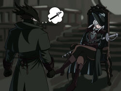 Rule 34 | 1boy, 1girl, ascot, black coat, bloodborne, boots, coat, crossed legs, half mask, hat, hat feather, highres, holding, holding sheath, hunter (bloodborne), lady maria of the astral clocktower, mask, ponytail, rakuyo (bloodborne), sheath, sheathed, sitting, thigh boots, thought bubble, tina fate, tricorne, white hair