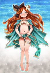 Rule 34 | 10s, 1girl, anklet, bare shoulders, barefoot, blush, breasts, cleavage, flower, granblue fantasy, green eyes, hair flower, hair ornament, hairband, highres, jewelry, bridal garter, long hair, looking at viewer, navel, orange hair, sara (granblue fantasy), small breasts, smile, solo, yunodon (sugar maple)