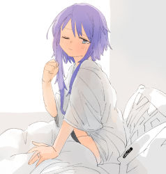 Rule 34 | 1girl, alternate costume, artist name, bed, blue eyes, commentary request, ergot, kantai collection, looking at viewer, messy hair, one eye closed, purple hair, shirt, short hair, short hair with long locks, sitting, solo, t-shirt, white shirt, window, yayoi (kancolle), yes-no pillow