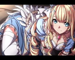 Rule 34 | 1girl, blonde hair, blue dress, blue eyes, breasts, character request, cleavage, crown, dress, eunice yates, kanpani girls, large breasts, letterboxed, looking at viewer, mini crown, nagioka, smile, solo, thighhighs, white thighhighs