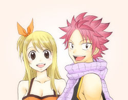 Rule 34 | 1boy, 1girl, :d, bare shoulders, blonde hair, blush, brown eyes, fairy tail, hair ribbon, kingyo (984), lucy heartfilia, natsu dragneel, open mouth, pink hair, ribbon, scarf, side ponytail, smile