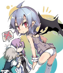 Rule 34 | 3girls, ahoge, alternate costume, ass, bat wings, bent over, blue hair, bow, commentary request, crescent, crescent hair ornament, dress, dress tug, flying sweatdrops, hair bow, hair ornament, hair ribbon, izayoi sakuya, long hair, maid, maid headdress, meme attire, multiple girls, noya makoto, open-chest sweater, over-kneehighs, panties, patchouli knowledge, pointy ears, purple eyes, purple hair, red eyes, remilia scarlet, ribbon, short hair, silver hair, sweat, sweater, thighhighs, touhou, trembling, underwear, wardrobe error, white legwear, white panties, wings, wrist cuffs, you&#039;re doing it wrong