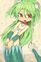 Rule 34 | 1girl, absurdres, bad id, bad pixiv id, fins, fish tail, green hair, hayake (chenran), highres, jewelry, long hair, mermaid, monster girl, muromi-san, namiuchigiwa no muromi-san, necklace, red eyes, scales, seashell, shell, smile, solo, tail, twintails, two side up