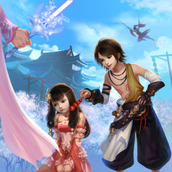 Rule 34 | 1boy, 1girl, baggy pants, bare shoulders, blue sky, brown eyes, brown hair, building, character request, cloud, day, dress, dual wielding, hair ornament, hand on own hip, highres, holding, holding sword, holding weapon, jewelry, jian xia qing yuan (series), jianxia qingyuan (series), jianxia qingyuan online 3, pants, pendant, pink dress, sanmeosore ryuuebi, sky, smile, sword, tears, tree, twintails, veins, weapon
