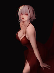 Rule 34 | 1girl, absurdres, antennae, arknights, arms at sides, bare shoulders, black background, breasts, cleavage, collarbone, dress, eyelashes, fingernails, hair between eyes, hc (user tem2272), highres, horns, large breasts, lipstick, makeup, red dress, red eyes, red lips, revision, short hair, sleeveless, sleeveless dress, solo, strap gap, w (arknights), white hair