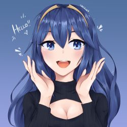 Rule 34 | 1girl, blue eyes, blue hair, breasts, cleavage, cleavage cutout, clothing cutout, fire emblem, hairband, looking at viewer, lucina (fire emblem), medium breasts, nintendo, open mouth, smile, solo, tiara