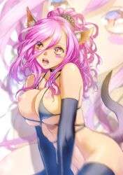 Rule 34 | 1girl, animal ears, bikini, black gloves, black scrunchie, black thighhighs, blush stickers, bottomless, breasts, breasts out, cat ears, cat girl, cat tail, elbow gloves, eyelashes, fangs, gloves, hair between eyes, hair ornament, hair scrunchie, highres, long hair, micro bikini, nipples, open mouth, orange eyes, original, pink hair, scrunchie, slit pupils, solo, swimsuit, tail, thighhighs, yui toshiki, zoom layer