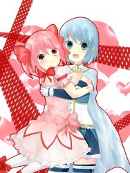 Rule 34 | 10s, 2girls, bad id, bad pixiv id, blue eyes, blue hair, blush, bow, bubble skirt, cape, dress, gloves, hair bow, happy, heart, highres, hug, kaname madoka, kaname madoka (magical girl), magical girl, mahou shoujo madoka magica, mahou shoujo madoka magica (anime), miki sayaka, miki sayaka (magical girl), minton11, multiple girls, open mouth, pink eyes, pink hair, short hair, short twintails, skirt, smile, thighhighs, twintails