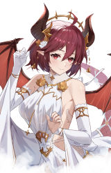 Rule 34 | ahoge, asymmetrical gloves, bangle, bare shoulders, bell, bell earrings, bracelet, breasts, closed mouth, cropped torso, dragon girl, dragon horns, dragon tail, dragon wings, dress, earrings, elbow gloves, eyebrows hidden by hair, flower, glint, gloves, gold, granblue fantasy, grea (shingeki no bahamut), hair between eyes, hair flower, hair ornament, halter dress, halterneck, headband, highres, horns, jewelry, large breasts, looking at viewer, medium hair, off-shoulder dress, off shoulder, pointy ears, purple hair, red eyes, ring, scales, see-through, see-through silhouette, sideboob, sideless outfit, simple background, smile, solo, tail, tiara, upper body, white background, white dress, wings, wuzhu nis