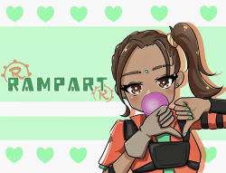 Rule 34 | 1girl, animification, apex legends, blue shirt, bright pupils, brown eyes, brown gloves, brown hair, character name, chewing gum, dark-skinned female, dark skin, facial mark, forehead mark, gloves, green nails, head tilt, heart, heart hands, highres, jacket, looking at viewer, nail polish, nepitasu, orange jacket, rampart (apex legends), shirt, side ponytail, single glove, solo, white pupils