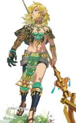 Rule 34 | 1boy, armor, artist name, blonde hair, blue eyes, bracelet, charged set (zelda), choker, earrings, grass, greaves, holding, holding polearm, holding weapon, indesign, jewelry, link, looking afar, looking to the side, male focus, necklace, nintendo, polearm, sandals, solo, the legend of zelda, the legend of zelda: tears of the kingdom, weapon