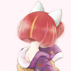 Rule 34 | 10s, 1girl, animal ears, back, biyon, bob cut, cat ears, covering own mouth, diamond (shape), from above, from behind, japanese clothes, kimono, leaf, leaf print, lowres, maple leaf, multicolored hair, nape, obi, personification, print kimono, red hair, sash, show by rock!!, sleeves past wrists, solo, streaked hair