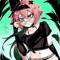 alley_cat animal_ears black_headband black_shirt blue_eyes cat_ears collar eyeshadow fingerless_gloves glasses gloves hair_ornament headband highres holly_(alley_cat) makeup orange-tinted_eyewear original pink_hair shirt tinted_eyewear trap