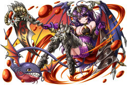 Rule 34 | 1girl, armor, bad id, bad pixiv id, bare shoulders, breasts, brown eyes, claws, covered navel, dragon egg, dragon wings, elbow gloves, full body, gloves, horns, knees together feet apart, large breasts, lioreo, long hair, looking at viewer, nail polish, purple gloves, purple hair, red nails, scales, scythe, smile, tail, wings