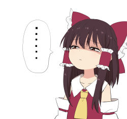 Rule 34 | ..., 1girl, ascot, bare shoulders, black hair, bow, collarbone, commentary request, detached sleeves, hair between eyes, hair bow, hair tubes, hakurei reimu, half-closed eyes, highres, leon (mikiri hassha), long hair, long sleeves, red bow, red eyes, shaded face, sidelocks, simple background, solo, spoken ellipsis, touhou, upper body, white background, yellow ascot