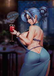 Rule 34 | 1girl, absurdres, ako (blue archive), ako (blue archive) (cosplay), ako (dress) (blue archive), ako (dress) (blue archive) (cosplay), alternate costume, alternate hairstyle, ass, backless dress, backless outfit, bathsalts, blue hair, bracelet, breasts, butt crack, cosplay, cup, dimples of venus, dress, drinking glass, earrings, english text, eyeshadow, hair bun, half-closed eyes, highres, huge breasts, indoors, jewelry, looking at viewer, looking back, makeup, red eyes, red wine, scar, scar on face, sideboob, skullgirls, smile, solo, speech bubble, valentine (skullgirls), wine