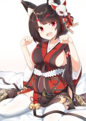 Rule 34 | 1girl, absurdres, animal ear fluff, animal ears, azur lane, bell, black hair, black kimono, blunt bangs, breasts, cat ears, cat mask, fang, fox mask, highres, japanese clothes, jingle bell, karla (kimidori3), kimono, looking at viewer, mask, mask on head, medium breasts, open mouth, paw pose, red eyes, short hair, short kimono, sideboob, sitting, smile, solo, thighhighs, white thighhighs, wide sleeves, yamashiro (azur lane)