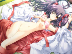 Rule 34 | 00s, 1girl, bed, blue hair, blush, bra, bra lift, bra pull, breasts, canvas, clothes pull, embarrassed, hakama, hakama skirt, japanese clothes, long hair, lying, messy hair, miko, misaki aya, nipples, no panties, on back, partially undressed, purple hair, red hakama, skirt, solo, underwear, yellow eyes