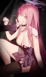 Rule 34 | 1girl, absurdres, bare arms, belt collar, black dress, black thighhighs, blue archive, breasts, cherrymaru, cleavage, collar, collarbone, dress, halo, highres, holding, holding leash, knee up, large breasts, leash, long hair, looking at viewer, mika (blue archive), open mouth, pink hair, pink halo, single thighhigh, solo focus, strapless, strapless dress, tears, thighhighs, thighs, yellow eyes