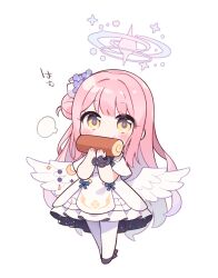 Rule 34 | 1girl, angel wings, black footwear, blue archive, capelet, chibi, dress, feathered wings, flower, frilled dress, frills, full body, hair bun, hair flower, hair ornament, halo, high heels, highres, kano hito, long hair, looking at viewer, low wings, medium dress, mika (blue archive), overskirt, pantyhose, pink hair, pink halo, pumps, scrunchie, side up bun, simple background, single side bun, skirt, sleeveless, sleeveless dress, solo, very long hair, white background, white capelet, white dress, white pantyhose, white skirt, white wings, wing ornament, wings, wrist scrunchie, yellow eyes