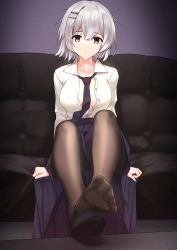 Rule 34 | 1girl, absurdres, couch, feet, green eyes, hair ornament, hairclip, highres, looking at viewer, medium hair, necktie, open clothes, open shirt, pantyhose, shoes, unworn shoes, silver hair, single shoe, skirt, soles, toes, unbuttoned, unbuttoned shirt