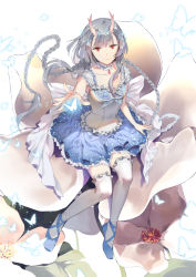 Rule 34 | 1girl, ballet slippers, blue footwear, blue skirt, braid, breasts, bug, butterfly, flower, food fantasy, full body, gem, hand up, horns, ice (ice aptx), insect, long hair, looking at viewer, outstretched hand, red eyes, silver choker, silver hair, sitting, skirt, small breasts, smile, solo, thighhighs, twin braids, very long hair, white background, white thighhighs