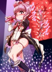 Rule 34 | 10s, 1girl, bottomless, brown eyes, cross-section, egg vibrator, granblue fantasy, harigane shinshi, highres, idol, linaria (granblue fantasy), pink hair, remote control vibrator, sex toy, short hair, solo, stage, thigh strap, vibrator, x-ray