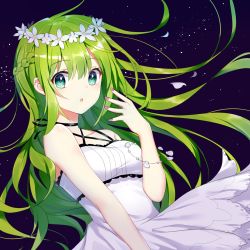 Rule 34 | 1girl, :o, bare arms, bare shoulders, bracelet, braid, breasts, dress, falling petals, floating hair, flower, flower wreath, french braid, green eyes, green hair, hair between eyes, halterneck, hand up, highres, jewelry, long hair, looking at viewer, looking to the side, nail polish, original, petals, pink nails, purple background, sada (sadahalu), shell, sidelocks, simple background, sleeveless, sleeveless dress, small breasts, solo, white dress, white flower, wind