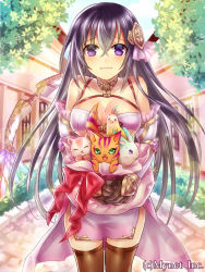 Rule 34 | 1girl, :3, angelmaster, bird, black hair, breasts, rabbit, carrying, cat, cleavage, day, hair ornament, hamster, large breasts, long hair, looking at viewer, neme, official art, original, purple eyes, smile, solo