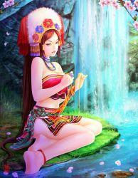 Rule 34 | 1girl, anklet, bare legs, bare shoulders, barefoot, blue eyes, breasts, brown hair, cherry blossoms, chinese clothes, chinese text, choker, female focus, grass, hair ornament, headdress, jewelry, long hair, looking at viewer, lots of jewelry, midriff, nature, necklace, original, outdoors, parted lips, plant, ring, shawli, sitting, skirt, sky, soaking feet, solo, traditional clothes, undressing, very long hair, water, waterfall, watermark, yokozuwari