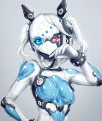 Rule 34 | 1girl, asymmetrical clothes, bodysuit, breasts, broken mask, commentary, grey background, highres, looking at viewer, mask, mecha musume, original, red eyes, shiny clothes, short twintails, skin tight, small breasts, solo, twintails, white hair, yumikoyama49