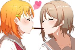 Rule 34 | 10s, 2girls, ahoge, blouse, blush, closed eyes, closed mouth, clover hair ornament, commentary, facing another, food, food in mouth, grey hair, hair ornament, heart, highres, love live!, love live! sunshine!!, mouth hold, multiple girls, neckerchief, orange hair, pocky, pocky kiss, red neckerchief, restart (asasyan060805), school uniform, serafuku, shared food, shirt, short hair, simple background, takami chika, upper body, uranohoshi school uniform, watanabe you, white background, white shirt, yuri