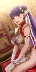Rule 34 | 1girl, alternate costume, aoba (smartbeat), blue eyes, blush, breasts, china dress, chinese clothes, dress, earrings, fate/grand order, fate (series), gloves, hair bun, highres, jewelry, looking at viewer, martha (fate), medium breasts, open mouth, purple hair, single hair bun, sitting, sleeveless, sleeveless dress, solo, twintails, white gloves