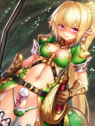 Rule 34 | 1girl, ball bra, belt, blonde hair, blush, bow (weapon), braid, breasts, brown gloves, bulge, character request, cleavage, elf, erection, erection under clothes, french braid, full-package futanari, futanari, garter straps, gloves, gradient background, holding, large breasts, long hair, looking at viewer, navel, original, panties, penis, penis in panties, penis ornament, penis ribbon, penis sheath, pink eyes, pointy ears, ponytail, red eyes, revealing clothes, ribbon, short sleeves, solo, sword, thighhighs, uncensored, underwear, weapon, yapo (croquis side)