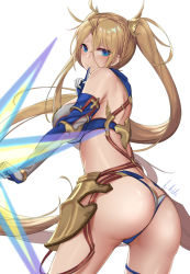 Rule 34 | 1girl, ahoge, armor, ass, bare shoulders, bikini, blonde hair, blue eyes, blush, bradamante (fate), bradamante (third ascension) (fate), braid, breasts, butt crack, cowboy shot, elbow gloves, embarrassed, fate/grand order, fate (series), faulds, french braid, from behind, gloves, highres, l.liki, long hair, looking at viewer, looking back, shiny skin, sideboob, smile, solo, swimsuit, thigh strap, thong, twintails, very long hair, white background