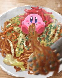 Rule 34 | blue eyes, blush stickers, colored skin, commentary request, eating, fork, highres, kirby, kirby (series), looking at viewer, miclot, nintendo, no humans, on food, oversized food, oversized object, pink skin, plate, red footwear, shoes, sitting, solo, table, yakisoba