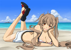 Rule 34 | 10s, 1girl, ass, bikini, blush, breast rest, breasts, brown hair, butt crack, cleavage, feet up, female focus, kantai collection, koutarou (plusdrive), large breasts, long hair, looking at viewer, lying, murasame (kancolle), on stomach, open mouth, sandals, shoe soles, smile, solo, swimsuit, tan, tanline, the pose, twintails