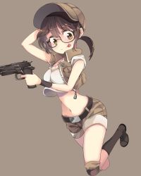Rule 34 | 1girl, :p, bad id, bad pixiv id, belt, boots, brown eyes, brown hair, crop top, fio germi, glasses, gun, hand on own head, handgun, hat, highres, holding, jacket, knee pads, metal slug, midriff, navel, open clothes, open jacket, ponytail, running, short hair, short shorts, shorts, shuf, smile, solo, tongue, tongue out, weapon