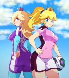 Rule 34 | 2girls, absurdres, ass, ball, blonde hair, blue eyes, bodystocking, bodysuit, bodysuit under clothes, breasts, crown, earrings, from behind, hair over one eye, hand on own hip, highres, jarckius, jewelry, large breasts, long hair, looking back, mario (series), mario strikers: battle league, multiple girls, nintendo, pantyhose, pantyhose under shorts, ponytail, princess peach, rosalina, shiny clothes, shiny skin, short shorts, shorts, sideboob, skin tight, smile, soccer ball, soccer uniform, sphere earrings, sportswear, strikers peach, strikers rosalina