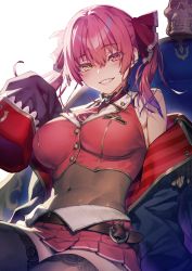 Rule 34 | 1girl, bare shoulders, belt, black thighhighs, bodysuit, breasts, chyko7080, grin, hair ribbon, highres, hololive, houshou marine, jacket, jacket partially removed, large breasts, looking at viewer, multicolored eyes, navel, pirate, red eyes, red hair, ribbon, see-through, sitting, skin tight, skindentation, skirt, skull, smile, solo, thighhighs, thighs, twintails, virtual youtuber, yellow eyes