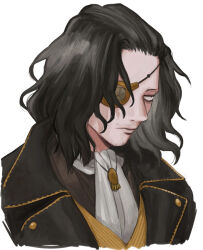 Rule 34 | 1boy, ascot, bags under eyes, black coat, boku no hero academia, brooch, closed mouth, coat, cropped shoulders, eraser head (boku no hero academia), eyepatch, facial hair, jewelry, looking to the side, male focus, medium hair, messy hair, mustache stubble, pirate costume, rnuyvm, simple background, solo, sparse stubble, stubble, white ascot, white background